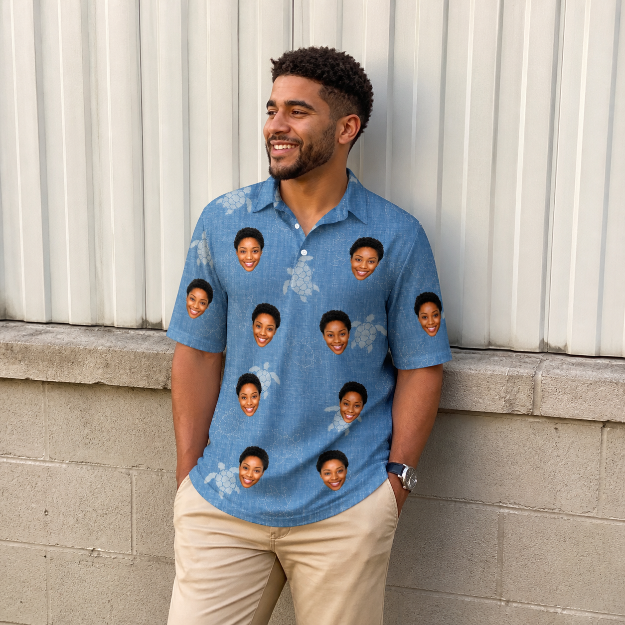 Real-life photo of someone wearing Men's Flipper Floats Custom Face Polo Shirt — custom faces printed all-over