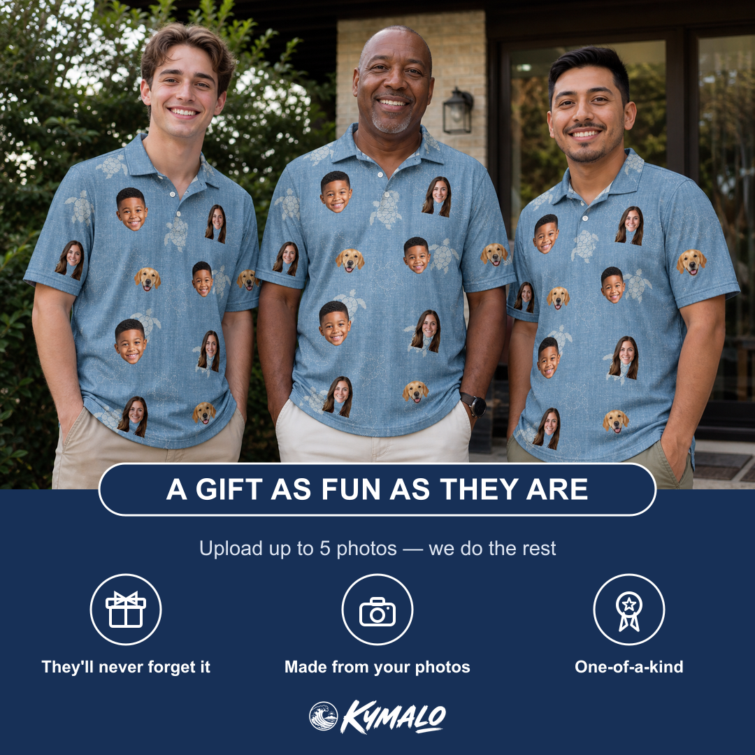 Friends in matching Men's Flipper Floats Custom Face Polo Shirt — a group gift photo