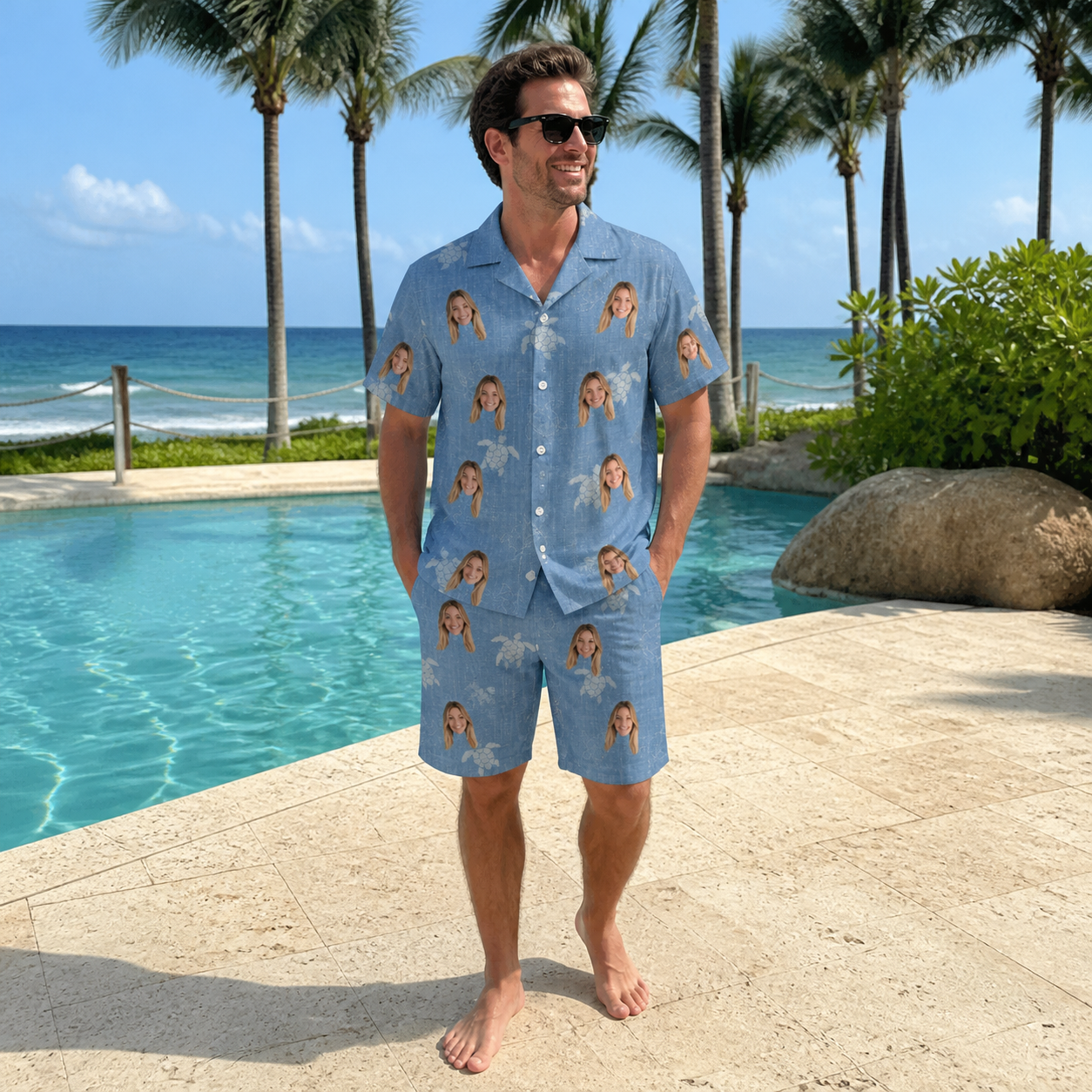 Real-life photo of someone wearing Men's Flipper Floats Custom Face Shirt & Shorts Set — custom faces printed all-over