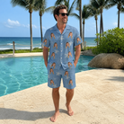 Real-life photo of someone wearing Men's Flipper Floats Custom Face Shirt & Shorts Set — custom faces printed all-over