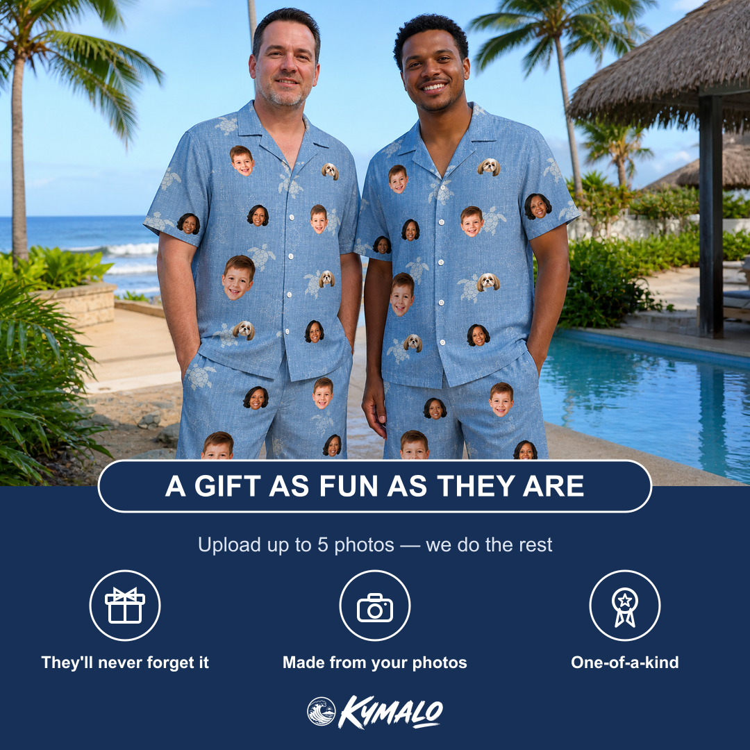 Friends in matching Men's Flipper Floats Custom Face Shirt & Shorts Set — a group gift photo