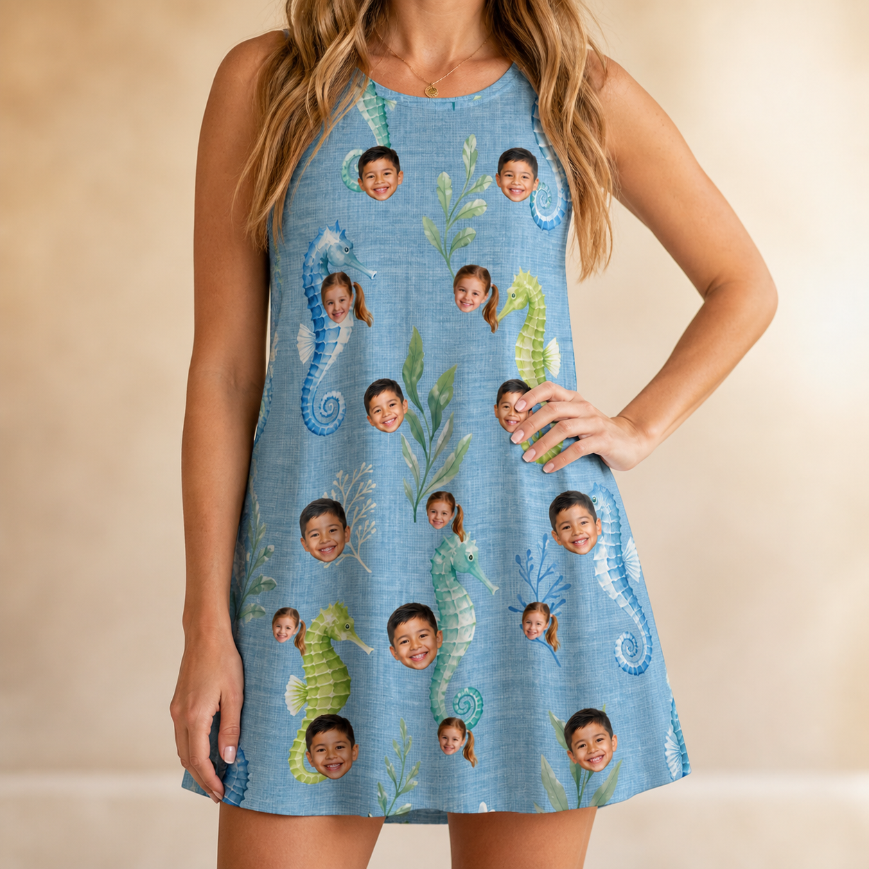 Model wearing Women's Sea Pony Society Custom Face Tank Dress printed with kids' faces