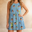 Model wearing Women's Sea Pony Society Custom Face Tank Dress printed with kids' faces