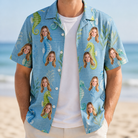 Man wearing Men's Sea Pony Society Custom Face Hawaiian Shirt open over a white tee