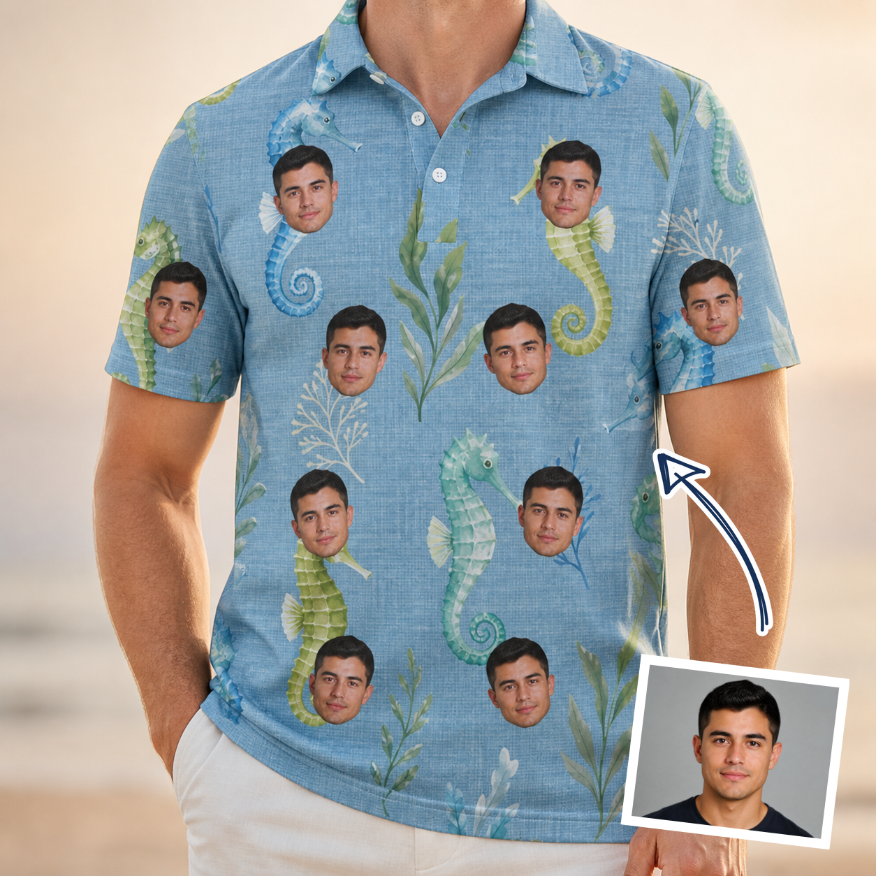 Man wearing Men's Sea Pony Society Custom Face Polo Shirt — custom faces printed all-over