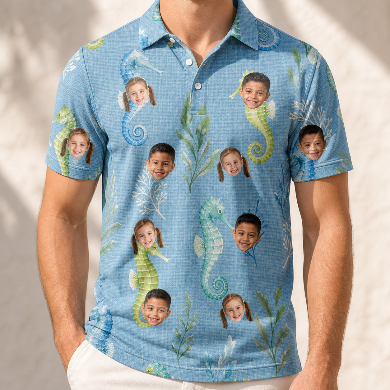 Model wearing Men's Sea Pony Society Custom Face Polo Shirt printed with kids' faces