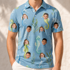 Model wearing Men's Sea Pony Society Custom Face Polo Shirt printed with kids' faces