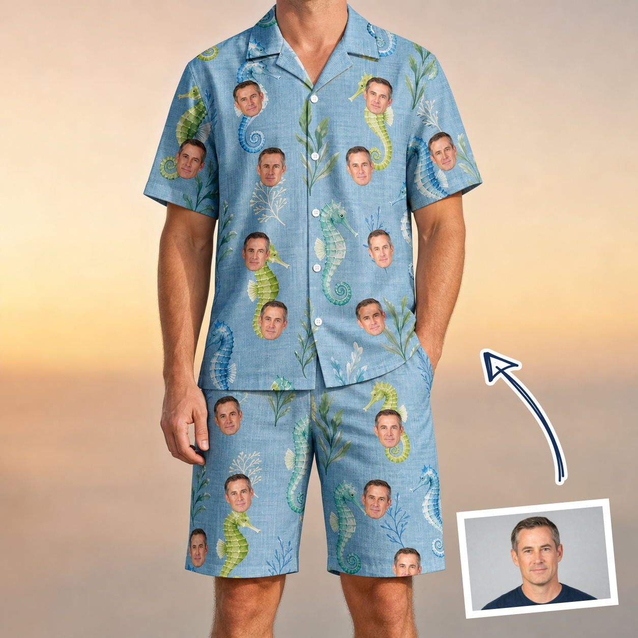 Man wearing Men's Sea Pony Society Custom Face Shirt & Shorts Set — custom faces printed all-over
