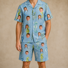 Model wearing Men's Sea Pony Society Custom Face Shirt & Shorts Set printed with kids' faces