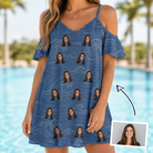 Woman wearing Women's Wave Wobble Custom Face Off-Shoulder Dress — custom faces printed all-over