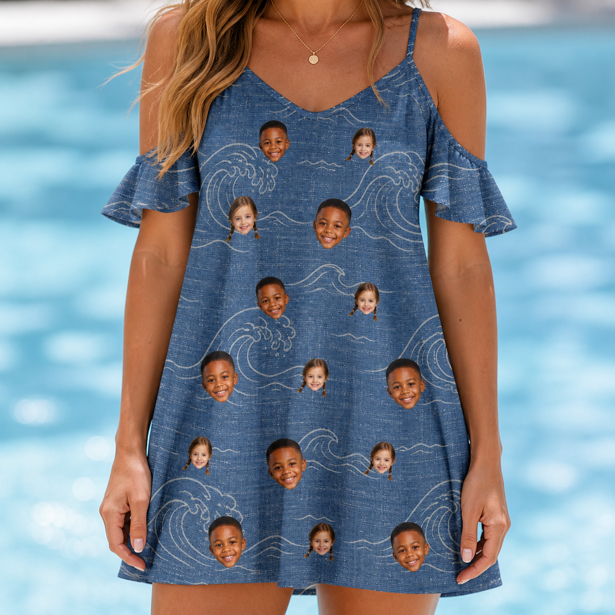 Model wearing Women's Wave Wobble Custom Face Off-Shoulder Dress printed with kids' faces