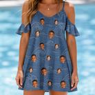 Model wearing Women's Wave Wobble Custom Face Off-Shoulder Dress printed with kids' faces