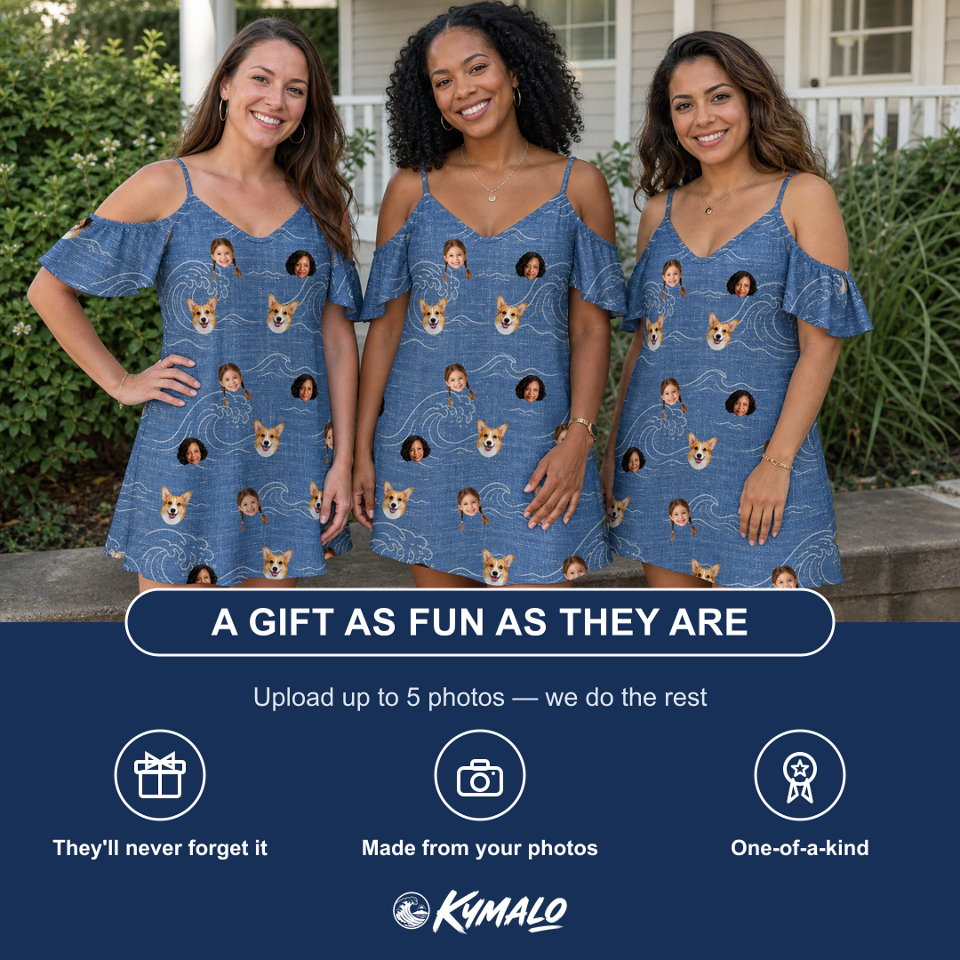 Friends in matching Women's Wave Wobble Custom Face Off-Shoulder Dress — a group gift photo