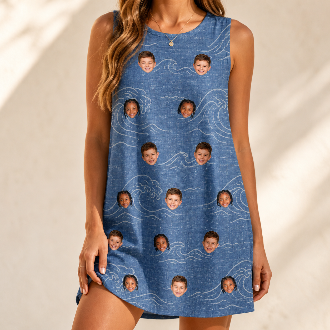 Model wearing Women's Wave Wobble Custom Face Tank Dress printed with kids' faces