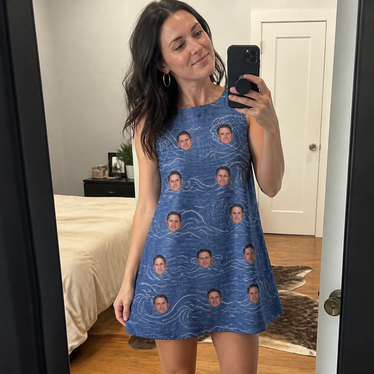 Real-life photo of someone wearing Women's Wave Wobble Custom Face Tank Dress — custom faces printed all-over