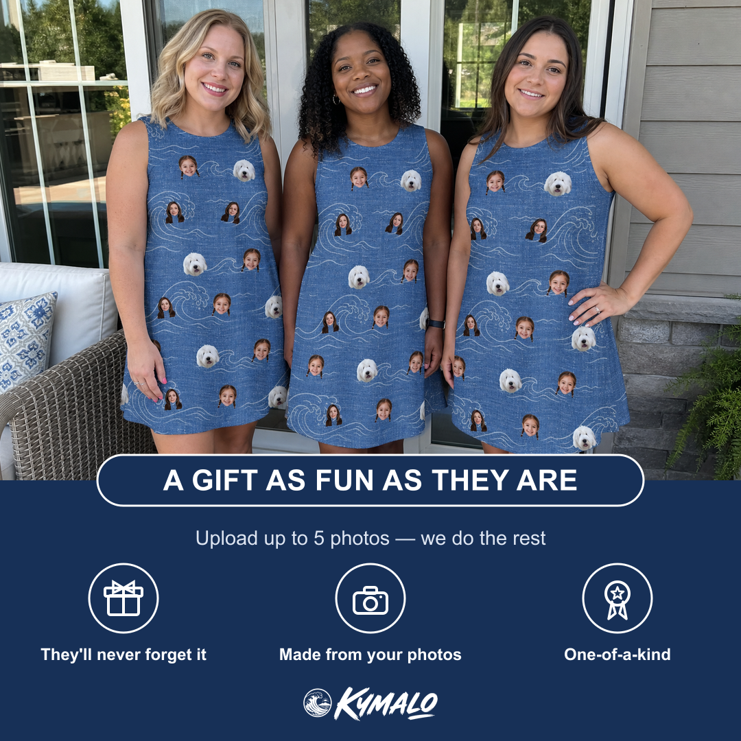 Friends in matching Women's Wave Wobble Custom Face Tank Dress — a group gift photo
