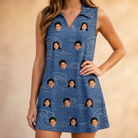 Model wearing Women's Wave Wobble Custom Face V-Neck Dress printed with kids' faces