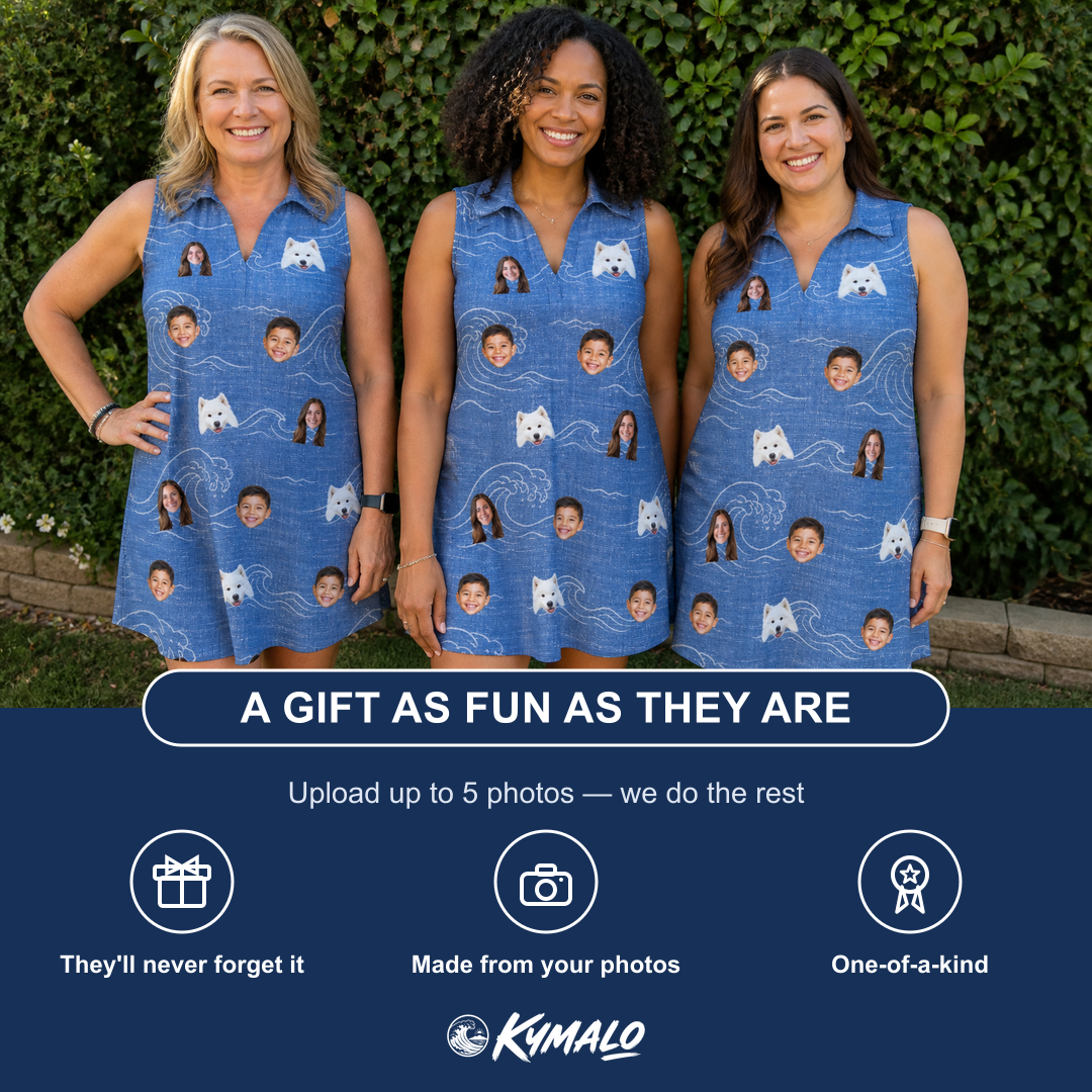 Friends in matching Women's Wave Wobble Custom Face V-Neck Dress — a group gift photo