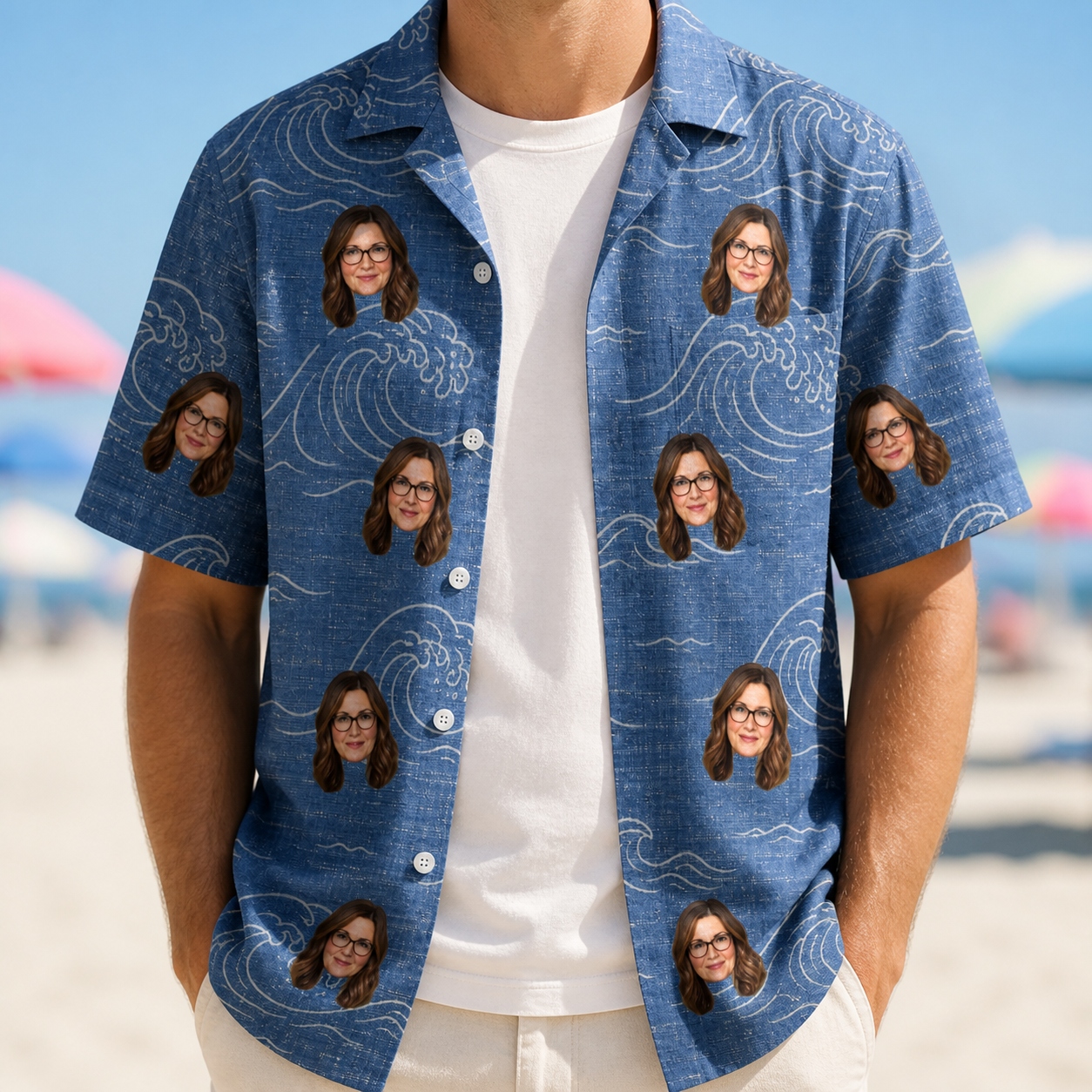 Man wearing Men's Wave Wobble Custom Face Hawaiian Shirt open over a white tee