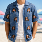 Man wearing Men's Wave Wobble Custom Face Hawaiian Shirt open over a white tee