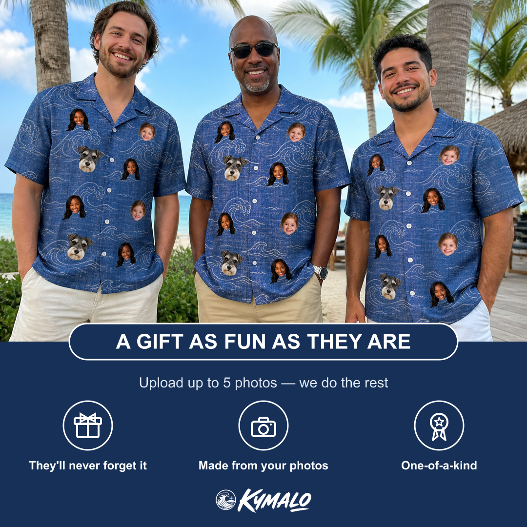 Friends in matching Men's Wave Wobble Custom Face Hawaiian Shirt — a group gift photo