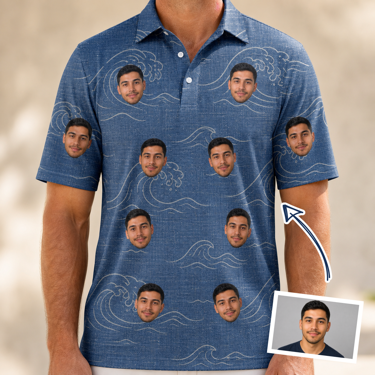 Man wearing Men's Wave Wobble Custom Face Polo Shirt — custom faces printed all-over