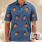 Man wearing Men's Wave Wobble Custom Face Polo Shirt — custom faces printed all-over