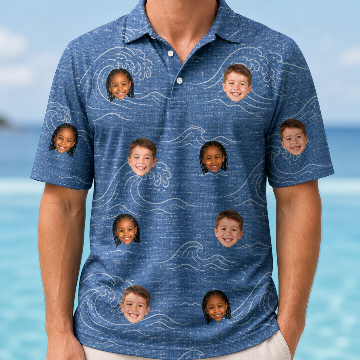 Model wearing Men's Wave Wobble Custom Face Polo Shirt printed with kids' faces