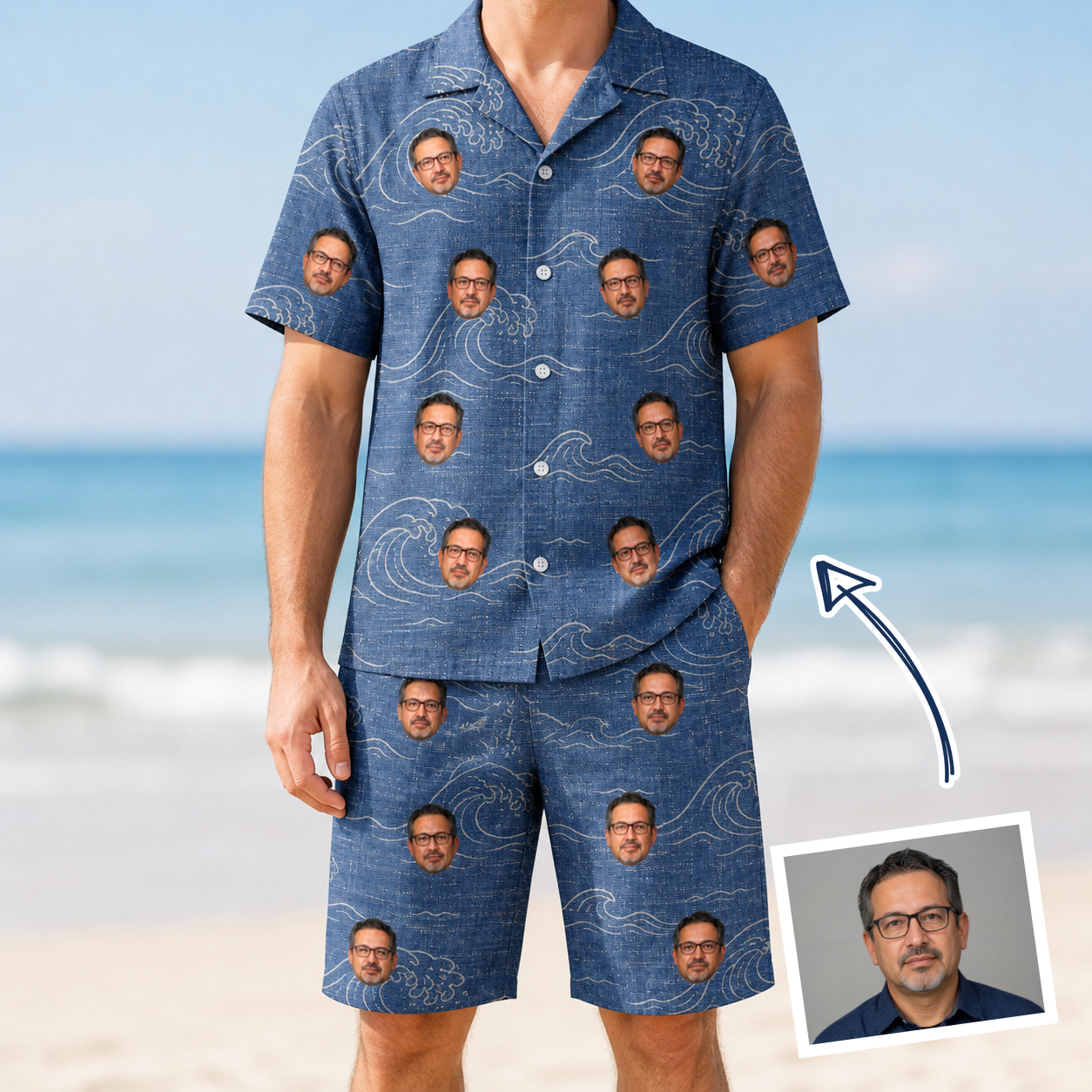 Man wearing Men's Wave Wobble Custom Face Shirt & Shorts Set — custom faces printed all-over