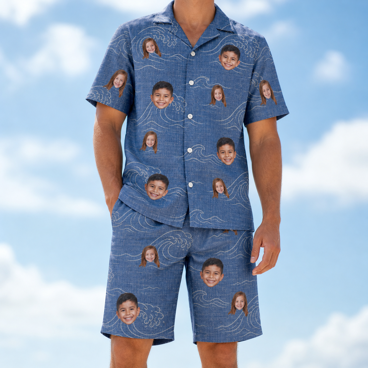 Model wearing Men's Wave Wobble Custom Face Shirt & Shorts Set printed with kids' faces