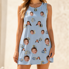 Model wearing Women's Aquatic Antics Custom Face Tank Dress printed with kids' faces
