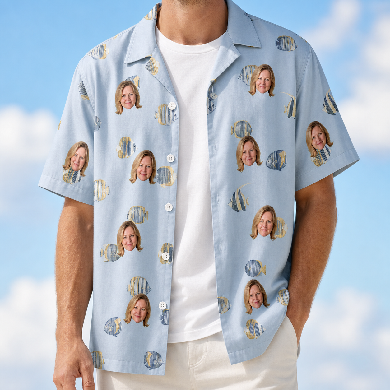 Man wearing Men's Aquatic Antics Custom Face Hawaiian Shirt open over a white tee