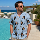 Real-life photo of someone wearing Men's Aquatic Antics Custom Face Hawaiian Shirt — custom faces printed all-over