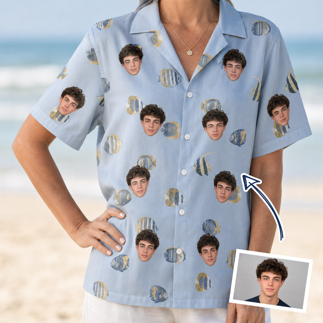 Woman wearing Women's Aquatic Antics Custom Face Hawaiian Shirt — custom faces printed all-over