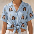 Woman wearing Women's Aquatic Antics Custom Face Hawaiian Shirt tied at the waist