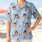 Model wearing Women's Aquatic Antics Custom Face Hawaiian Shirt printed with kids' faces