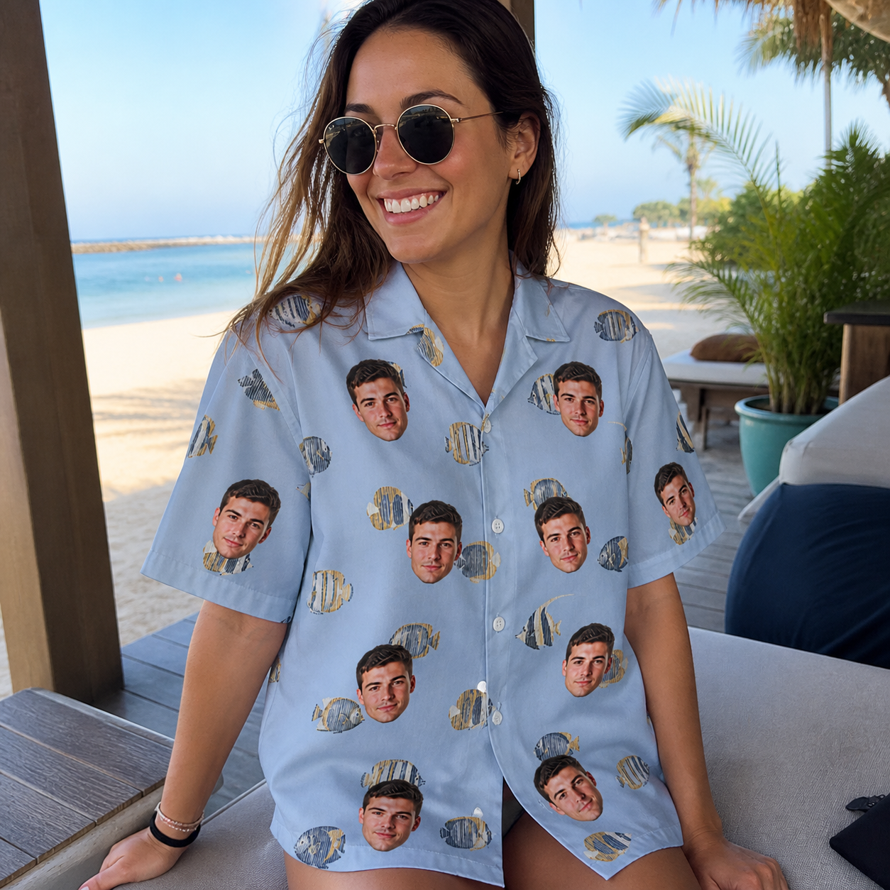 Real-life photo of someone wearing Women's Aquatic Antics Custom Face Hawaiian Shirt — custom faces printed all-over