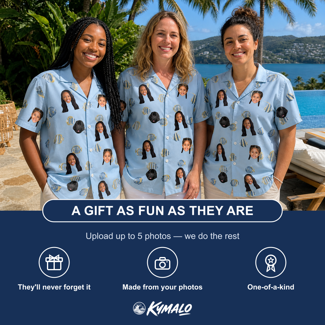 Friends in matching Women's Aquatic Antics Custom Face Hawaiian Shirt — a group gift photo