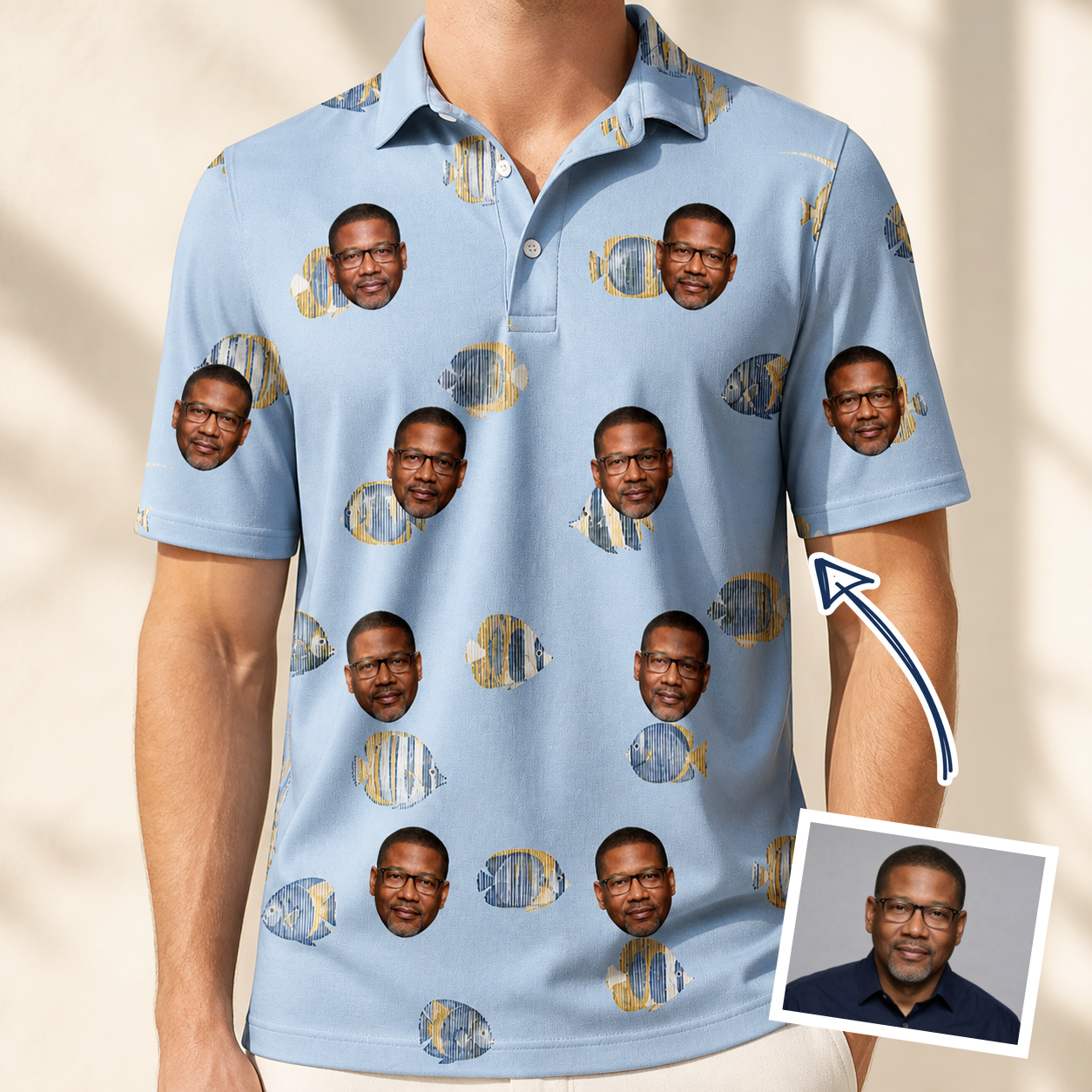 Man wearing Men's Aquatic Antics Custom Face Polo Shirt — custom faces printed all-over