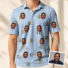 Man wearing Men's Aquatic Antics Custom Face Polo Shirt — custom faces printed all-over