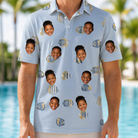 Model wearing Men's Aquatic Antics Custom Face Polo Shirt printed with kids' faces