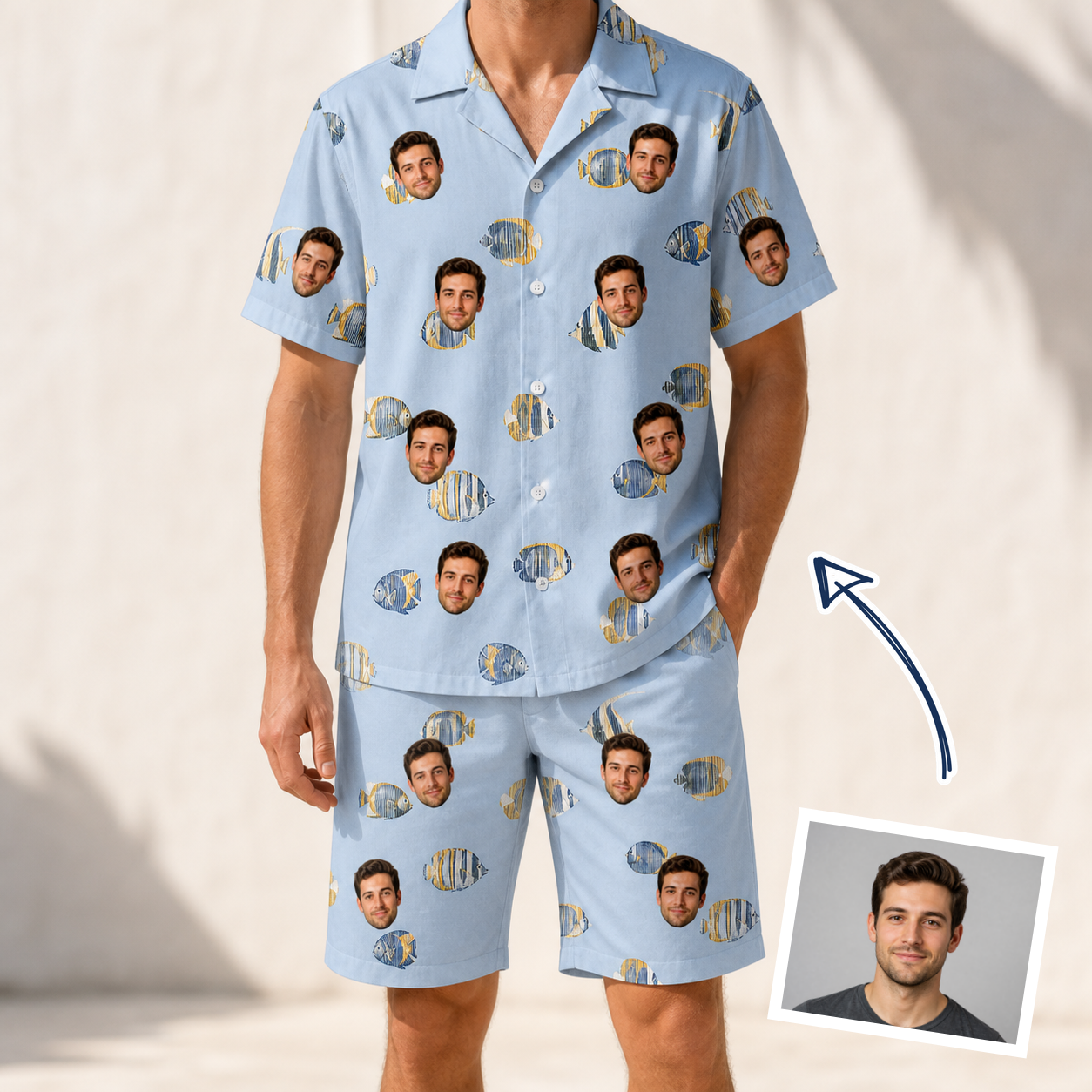 Man wearing Men's Aquatic Antics Custom Face Shirt & Shorts Set — custom faces printed all-over