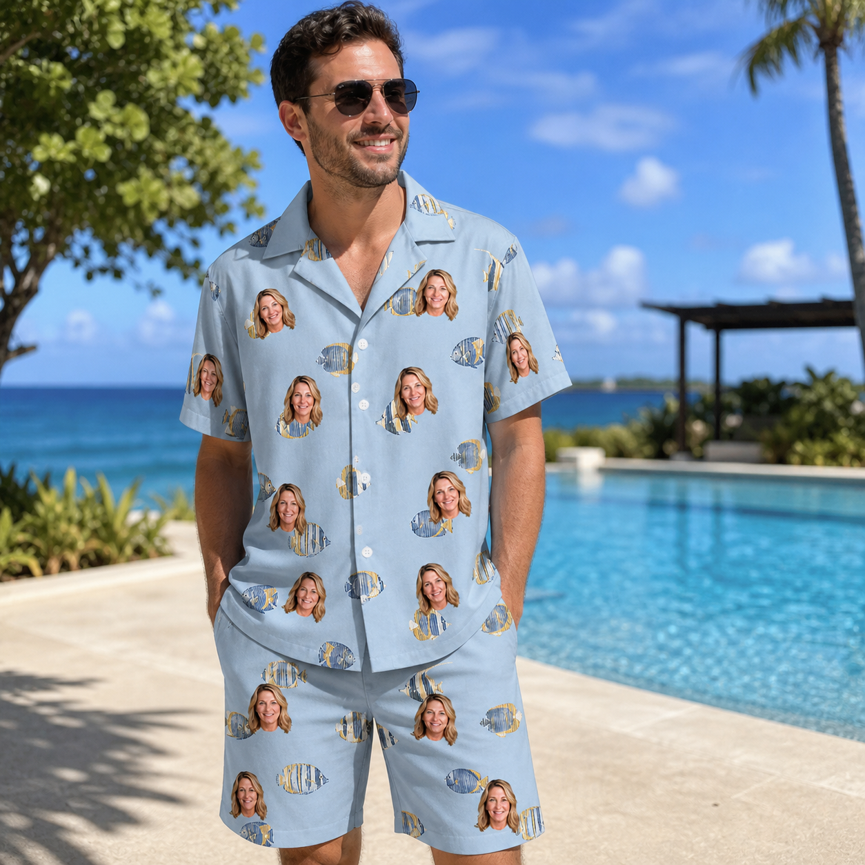 Real-life photo of someone wearing Men's Aquatic Antics Custom Face Shirt & Shorts Set — custom faces printed all-over