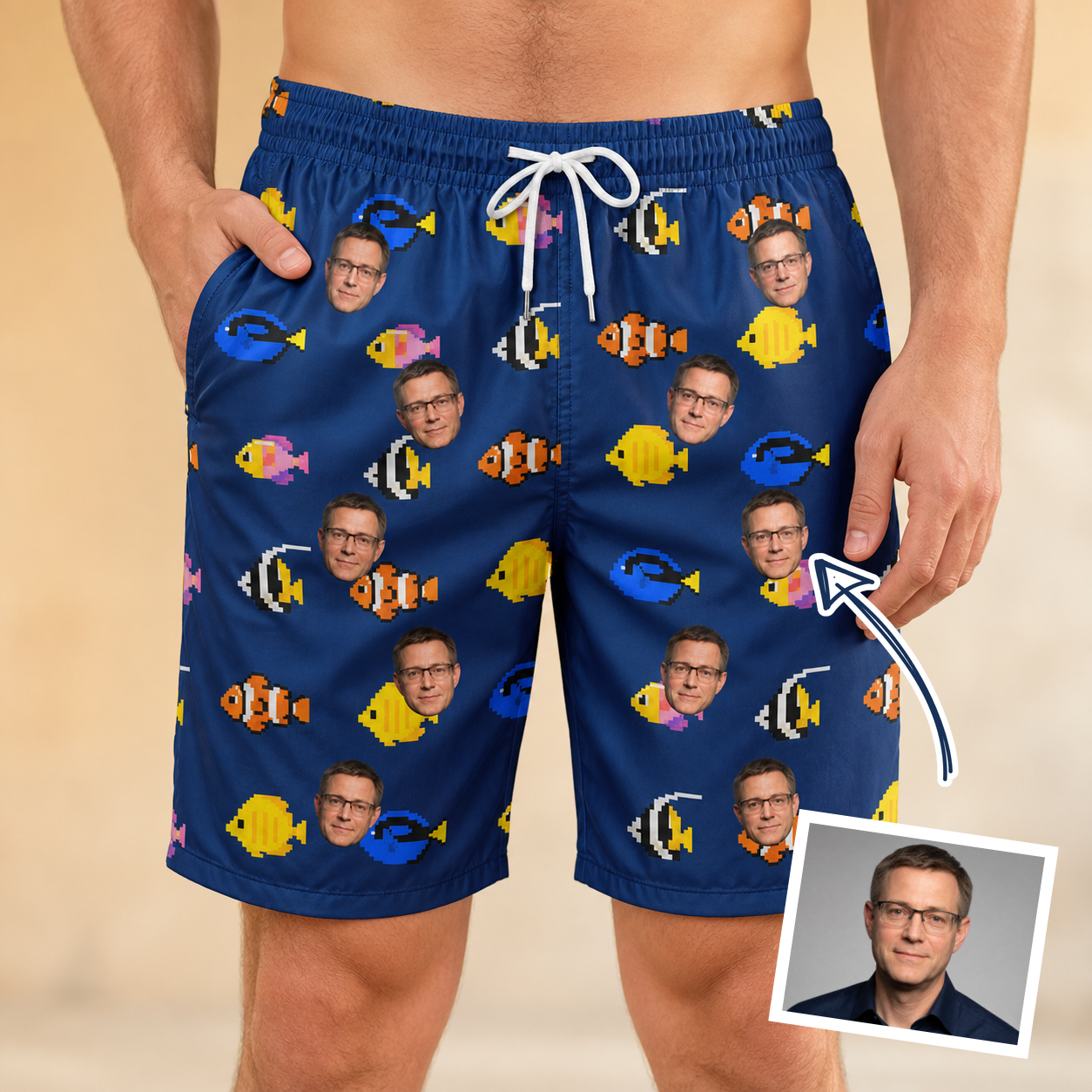 Man wearing Men's Tide Tangos Custom Face Beach Shorts — custom faces printed all-over