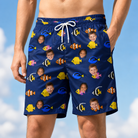 Model wearing Men's Tide Tangos Custom Face Beach Shorts printed with kids' faces