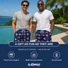Friends in matching Men's Tide Tangos Custom Face Beach Shorts — a group gift photo