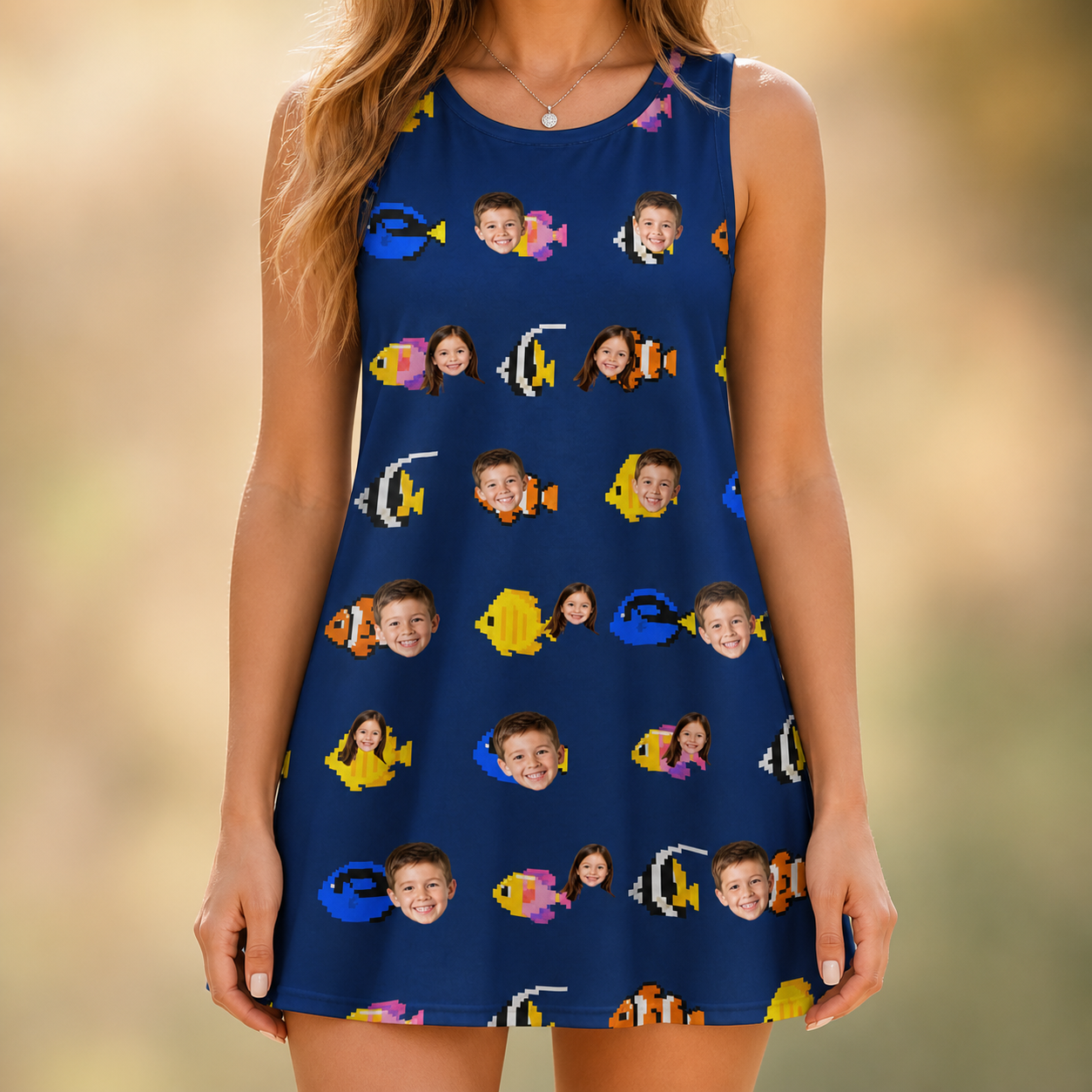 Model wearing Women's Tide Tangos Custom Face Tank Dress printed with kids' faces