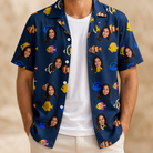 Man wearing Men's Tide Tangos Custom Face Hawaiian Shirt open over a white tee