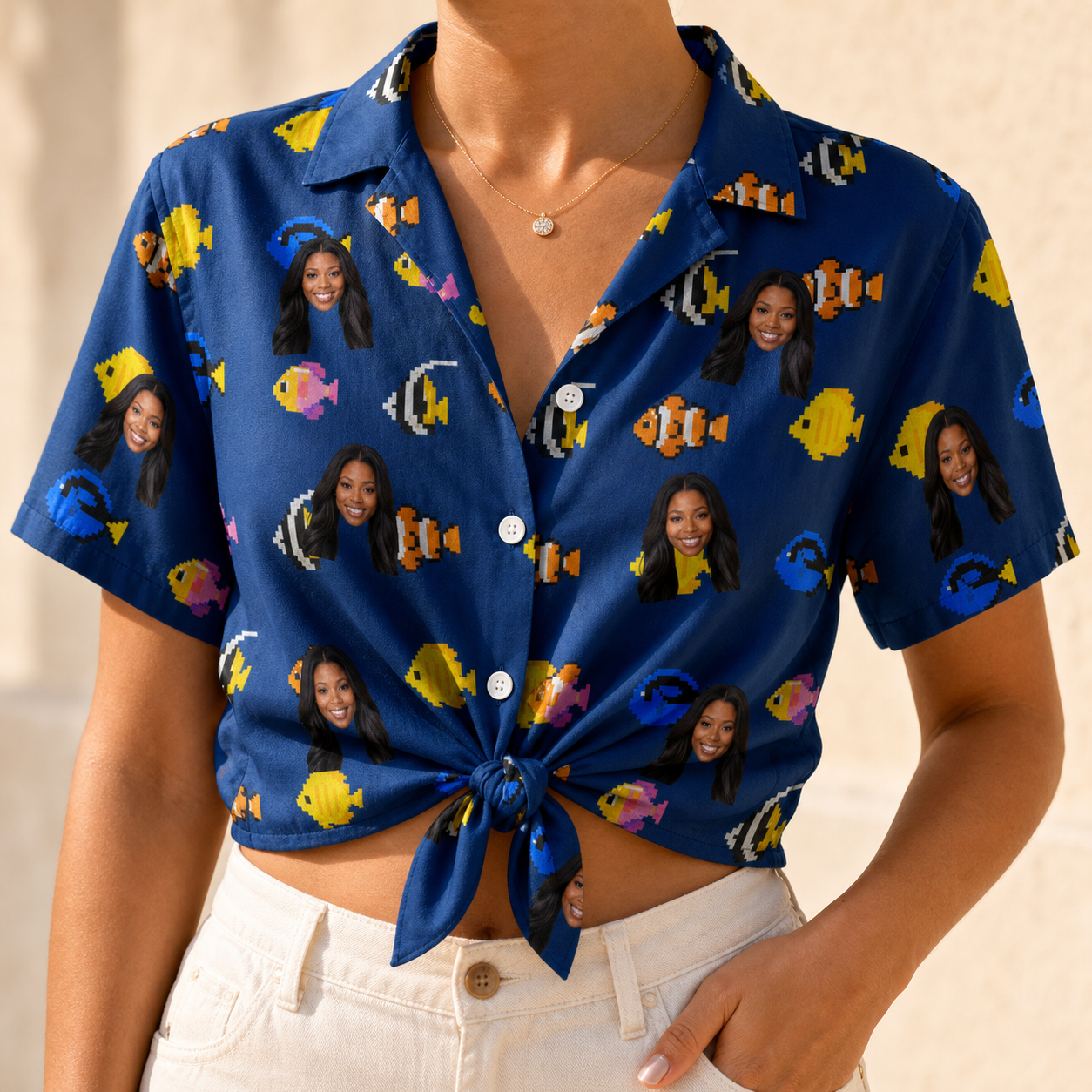 Woman wearing Women's Tide Tangos Custom Face Hawaiian Shirt tied at the waist