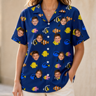 Model wearing Women's Tide Tangos Custom Face Hawaiian Shirt printed with kids' faces